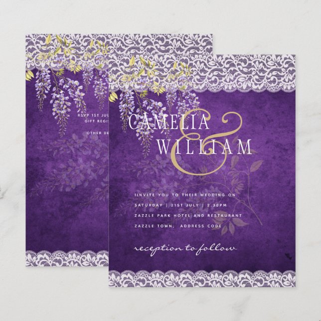 BUDGET Wisteria Lila Blommig Spets Bröllops INVITA (Fram/baksida)