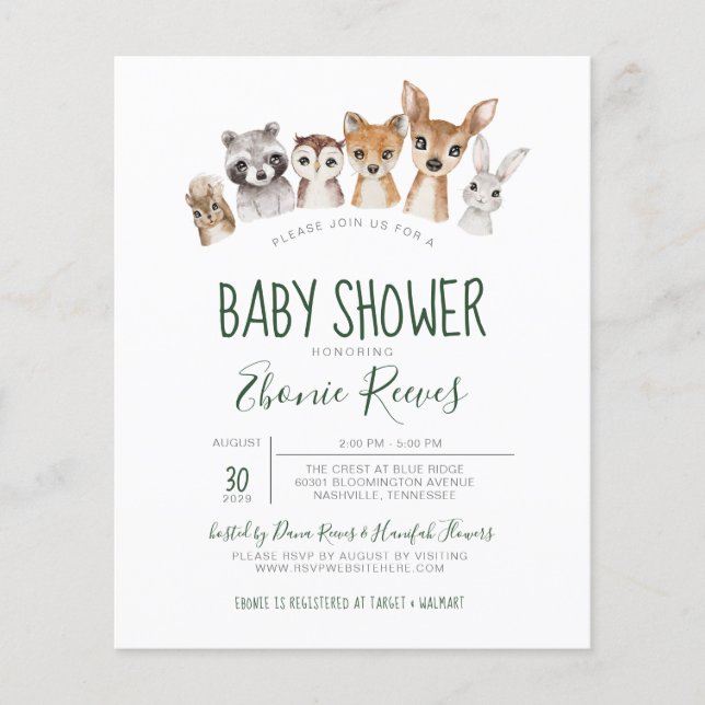 Budget Woodland Animals Baby Shower-inbjudan (Framsida)