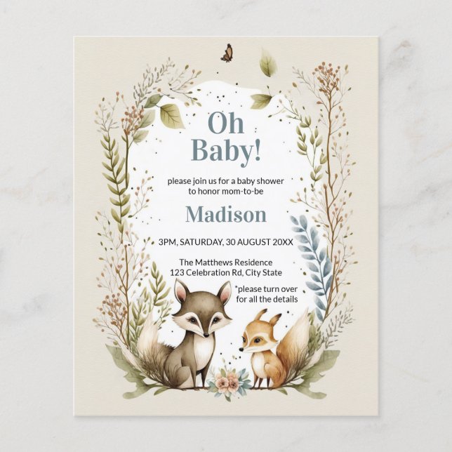 Budget Woodland Animals Boy Baby Shower Inbjudan (Framsida)