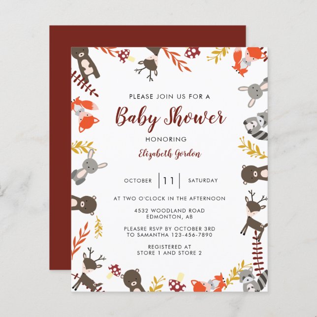 Budget Woodland Baby Shower Cute Forest Neutralt (Fram/baksida)