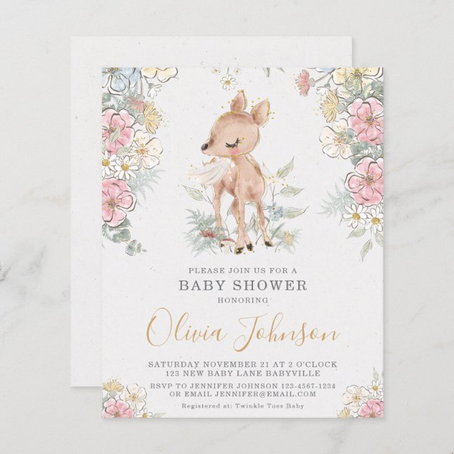 BUDGET Woodland Hjort Blommigt Baby Shower-inbjuda (Fram/baksida)