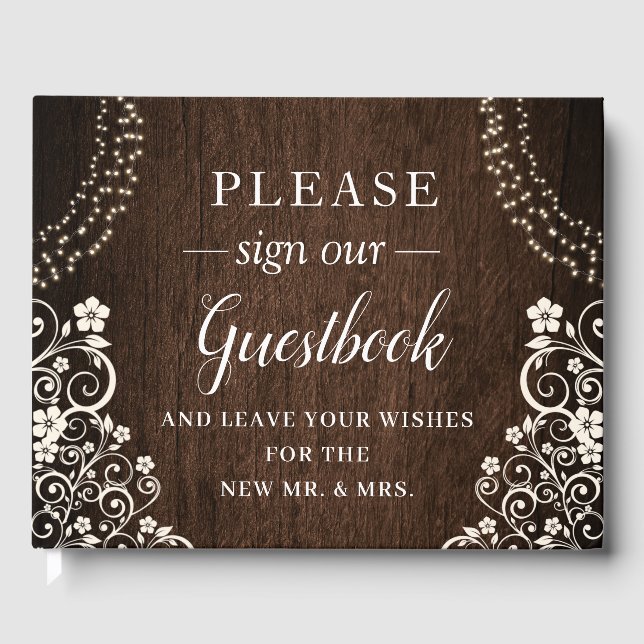 Budget Woodsy Rustic String Ljus Wood Bröllop Gästböcker (Framsida)
