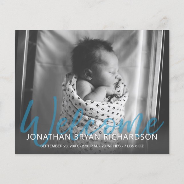 Budgeta B&W Blue Mul Photo Birth Announce Flyer (Framsidan)