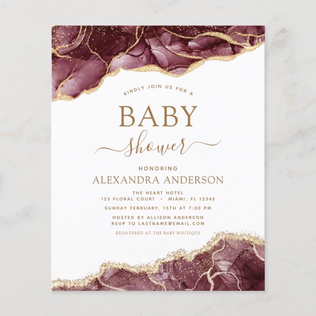 Budgetagate Burgundy Baby Shower Guld-inbjudan (Framsida)