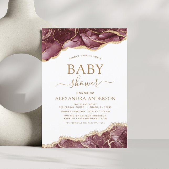 Budgetagate Burgundy Baby Shower Guld-inbjudan (Skapare uppladdad)