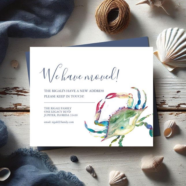 Budgetändring för Adress vattenfärgskrabba Flygblad (Printed moving announcements watercolor blue crab art by Victoria Grigaliunas of Do Tell A Belle)