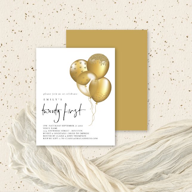 Budgetanslag Guld Glitter 21:a Party Inbjudan (Front and back view. Budget price value invitation)