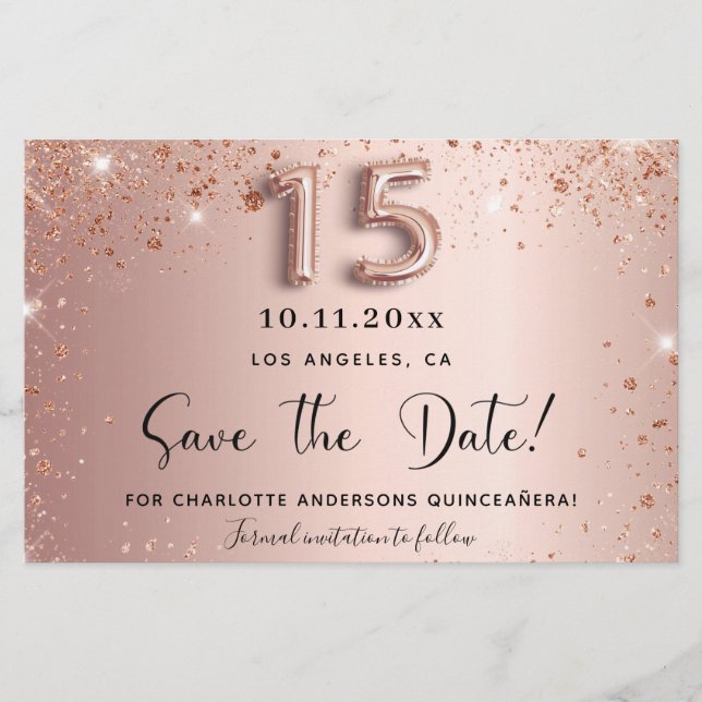 Budgetåret Quinceanera ro guld glitter spara datum (Framsida)