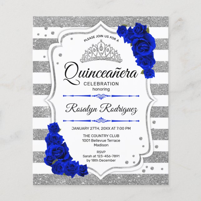 Budgetåret Quinceanera Silver Royal Blue Inbjudan Flygblad (Framsidan)