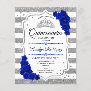 Budgetåret Quinceanera Silver Royal Blue Inbjudan Flygblad