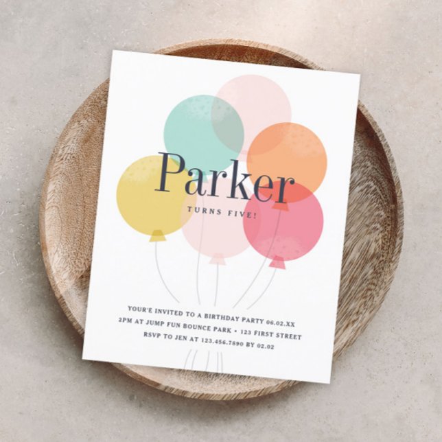 Budgetballong bunt födelsedagsfest inbjudan (Modern colorful balloons kids birthday party invitation.)