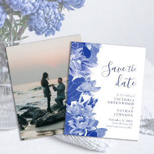 Budgetblå vit Blommigt med fotospara datum