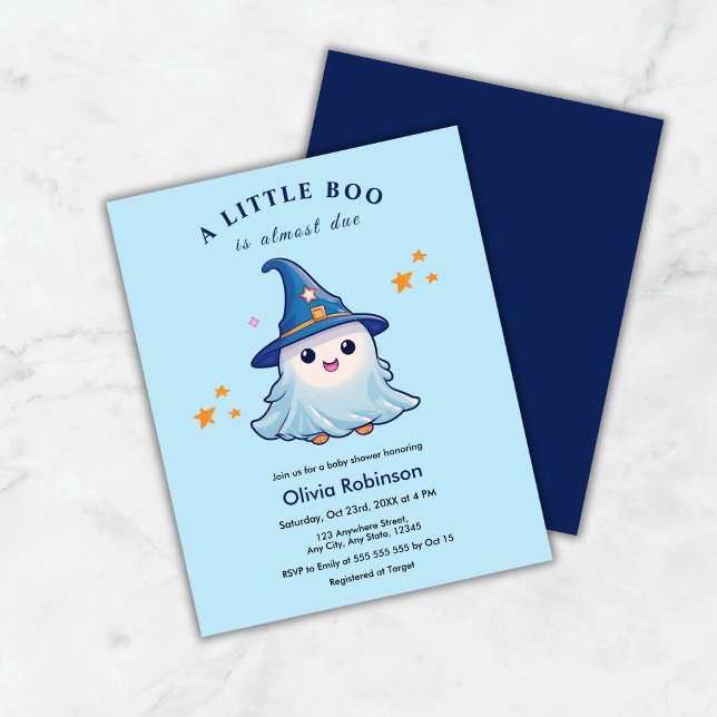 Budgetblått en liten babybabyinbjudan (Budget Blue A Little Boo Halloween Baby Shower Invitation    )