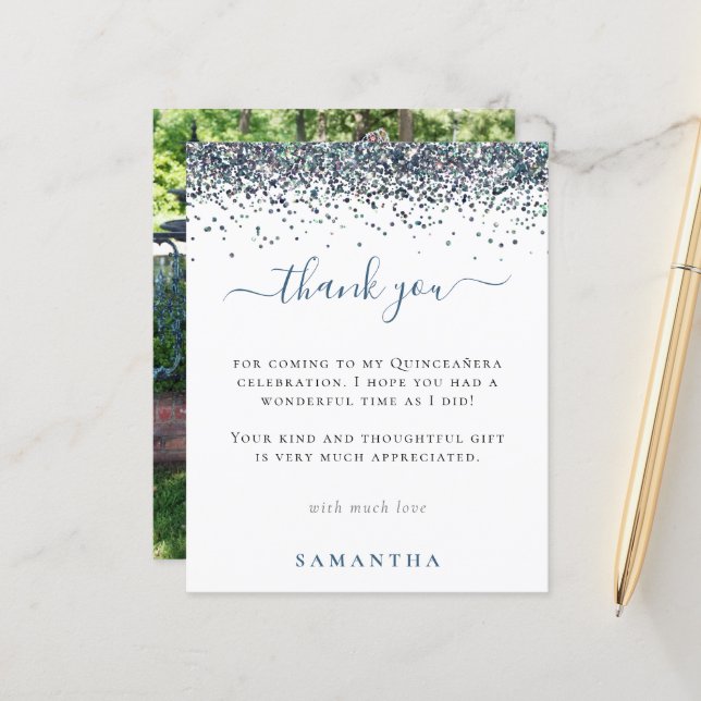 Budgetblått Glitter-foto, Quinceanera Tack (Fram/Back In Situ)