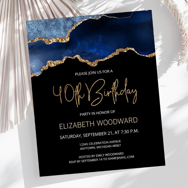 Budgetblått Guld Agat 40:e födelsedagsinbjudan (Skapare uppladdad)