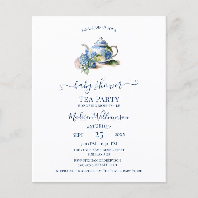 Budgetblått Hydrangea Baby Shower Tea Party (Framsida)