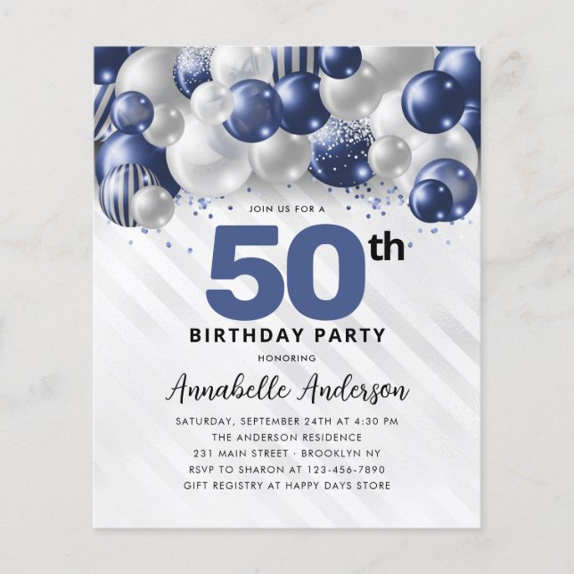 Budgetblått Silver-ballongen Glitter 50:e födelsed (Framsida)