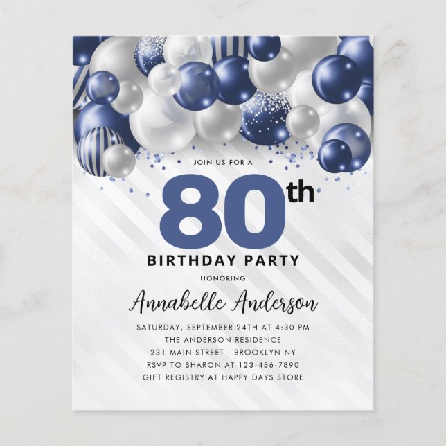 Budgetblått Silver-ballongen Glitter 80:e födelsed (Framsida)