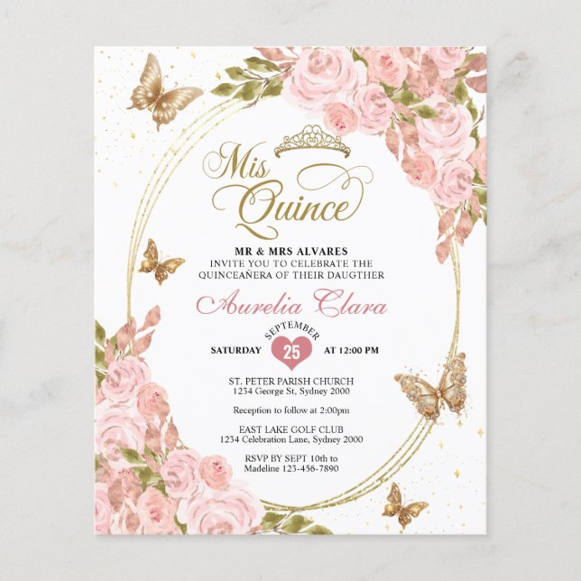 BUDGETBlommigt  Rosa Guld Butterfly Mis Quince (Framsida)