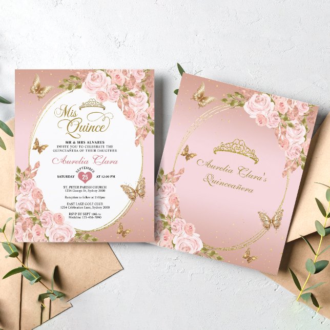 BUDGETBlommigt  Rosa Guld Butterfly Mis Quince (Skapare uppladdad)