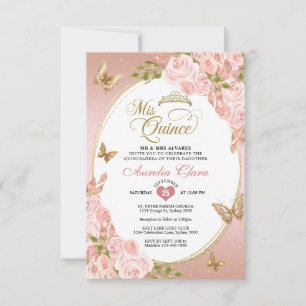 BUDGETBlommigt Rosa Guld Butterfly Mis Quince Anteckningskort