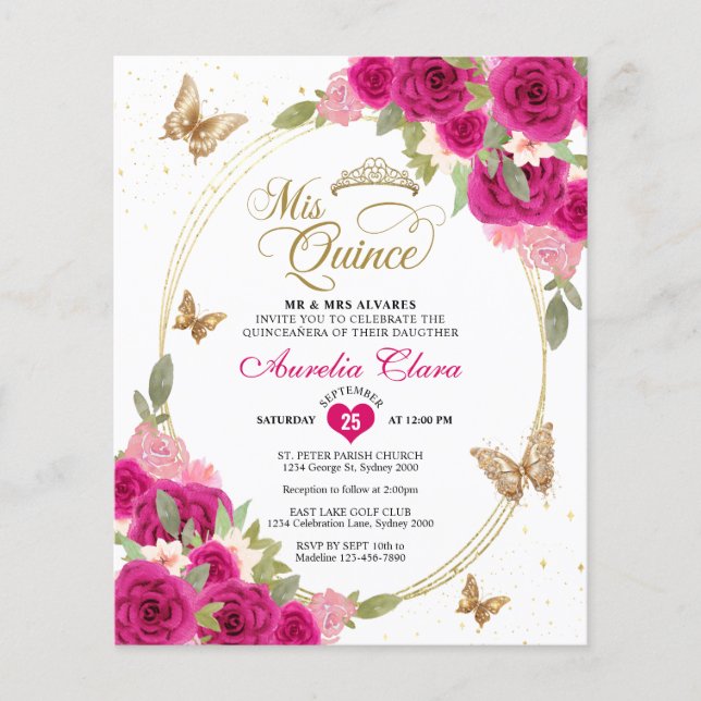 BUDGETBlommigt Rosa Guld Butterfly Mis Quinceañera (Framsida)