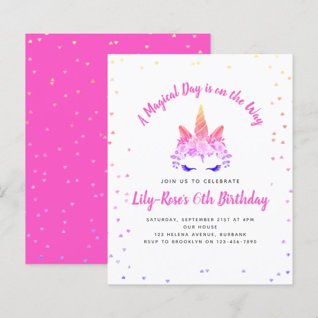 BUDGETBlommigt Unicorn Ansikte Birthday Call (Fram/baksida)