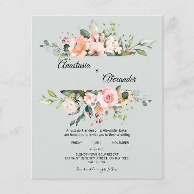 Budgetbröllopsinbjudan. Postkort för inbjudan Flygblad (Framsidan)