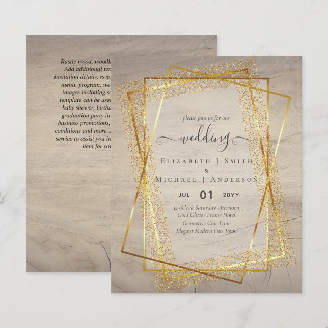 BUDGETBRÖLLOPSINVITATIONER  Guld Glitter Geometris (Fram/baksida)