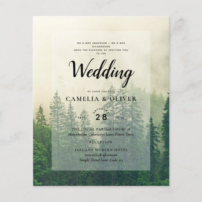 BUDGETBUDGETINBJUDAN Forest Gräs Träd Wedding Grön Flygblad (Framsidan)
