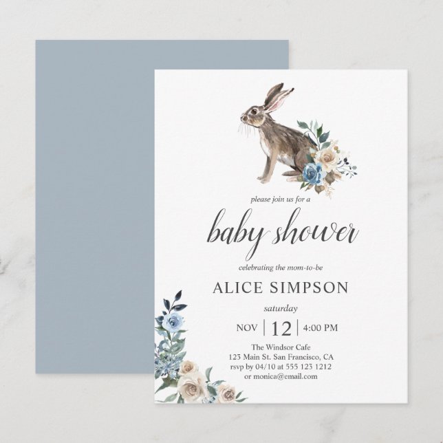 Budgetbunny Boho Dusty Blue Flower Baby Shower Inbjudan Vykort (Fram/baksida)