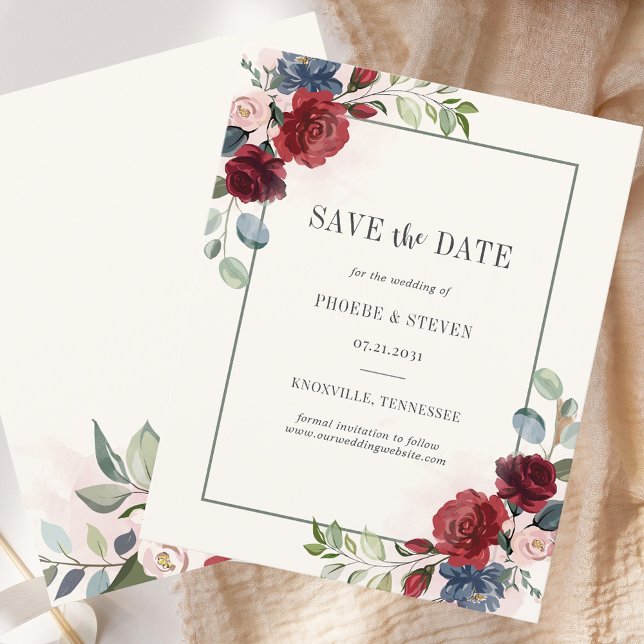 Budgetburgundisk Blommigt - Rustik spara datum (Burgundy Floral Rustic Wedding Save the Date)