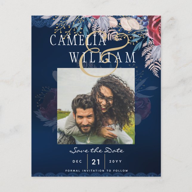 Budgetdatum för Burgundy Blue Blommigt Snöre Bröll Flygblad (Framsidan)