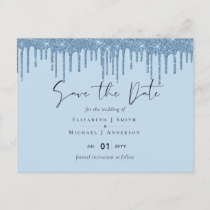 Budgetdatum Söt Girly BLUE Glitter Bröllop Spara Vykort