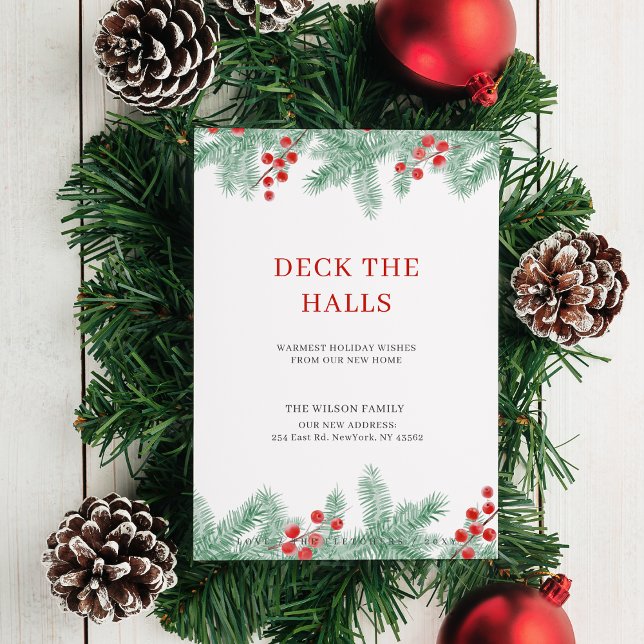 Budgetdekera Nytt adress Helgdag för salar (budget deck the halls moving announcement card)