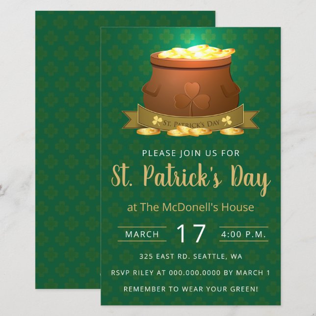 Budgetdel av inbjudan till St patricks day i Guld (Fram/baksida)