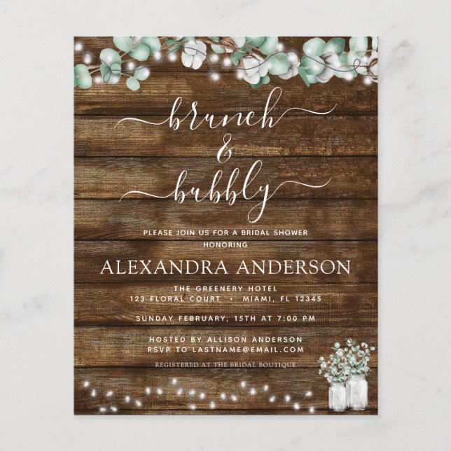 Budgetekalyptus Rustik Trä Brunch & Bubbly (Framsida)