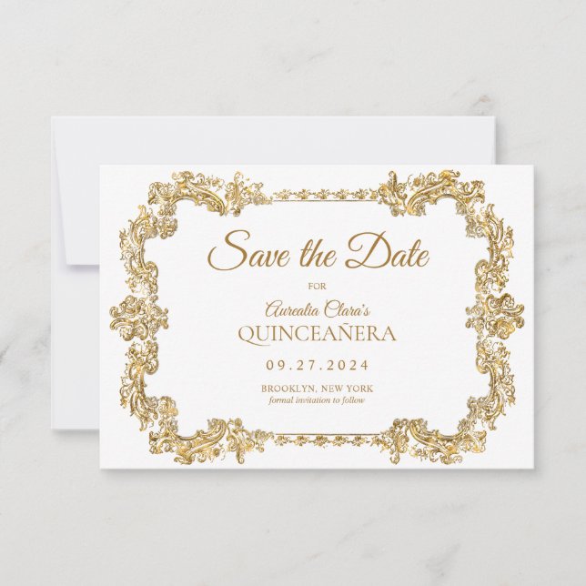 BUDGETElegant Ivory White Guld Ram Quinceanera Anteckningskort (Framsida)