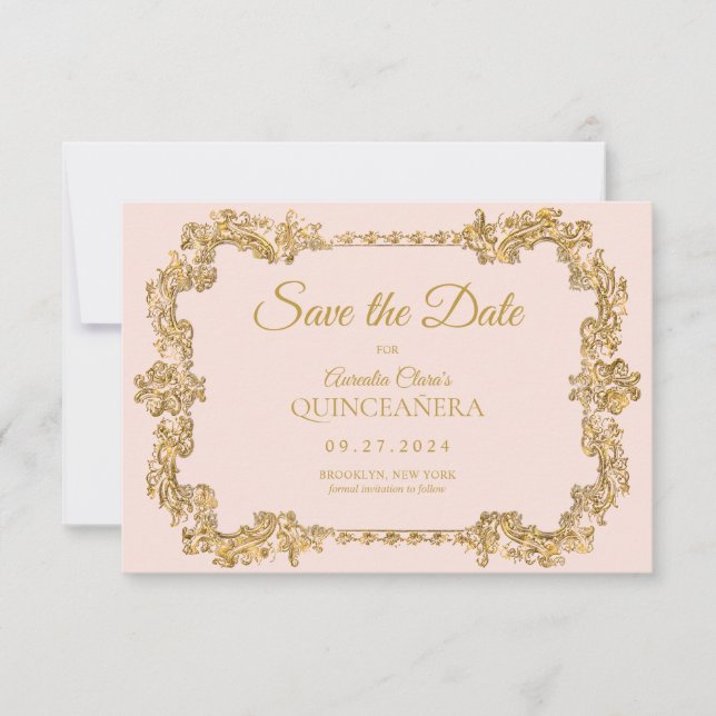 BUDGETElegant  Rosa Guld Ram Quinceanera Anteckningskort (Framsida)