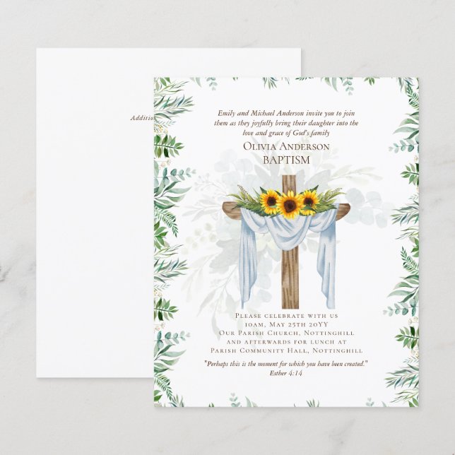 BUDGETEleganten BAPTISM Inbjudan Greenery Sunwers (Fram/baksida)