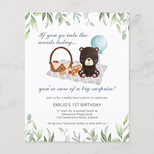 Budgeten 1:a födelsedag Nalle Picnic Blue (Framsida)