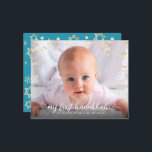 Budgeten 1:e Hanukkah Photo Guld-stjärnan av David<br><div class="desc">"Min första Hanukkah." En lekfull bild av faux guld foil snöflingor, David Stars och vita handskrivna manustypografi, som täcker det foto du väljer, hjälper dig att sätta igång i Hanukkah och nyår. På baksidan övertäckte ytterligare champagne faux guld snöflingor en mjuk, turkosa blå bakgrund. Känn julhelgens värme och glädje när...</div>