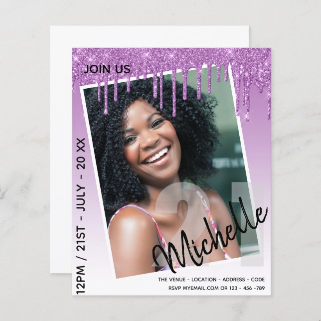 BUDGETEN 21:a födelsedag, PHOTO-droppning Glitter  (Fram/baksida)