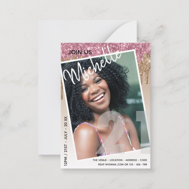 BUDGETEN 21:a födelsedag, PHOTO-droppning Glitter  Anteckningskort (Framsida)