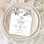 BUDGETEN 30års födelsedag Party Lila Lilac Blommig<br><div class="desc">Mjuka lila-laktor med vattenfärg skapar en prisvärd inbjudan till söt-vårdags-budget. Typografin lägger till en vintage, retrovibe. All text är redigerbar så att du bara kan ange högernas ton. Ni kan lätt byta typsnitt och färg också. Det är en del av Lila Vår Lilac Flower-samlingen. Du kan välja ett tema och...</div>