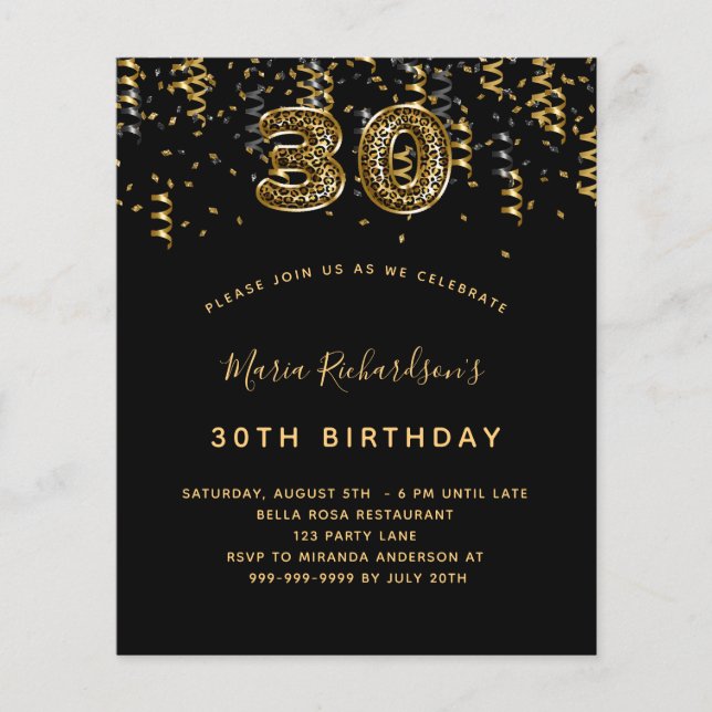 Budgeten 30års födelsedag svartnoting guld leopard (Framsida)