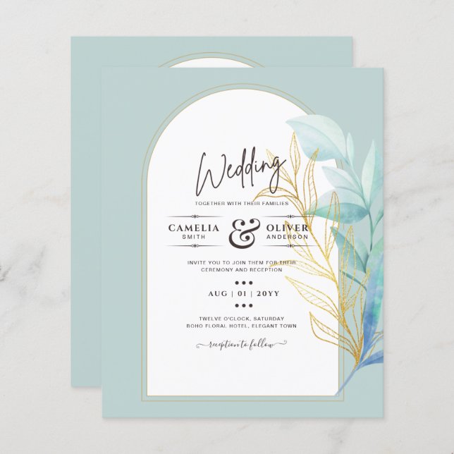 BUDGETEN Allt-i-1-sjöglaset Guld Löv Sage Bröllop (Fram/baksida)