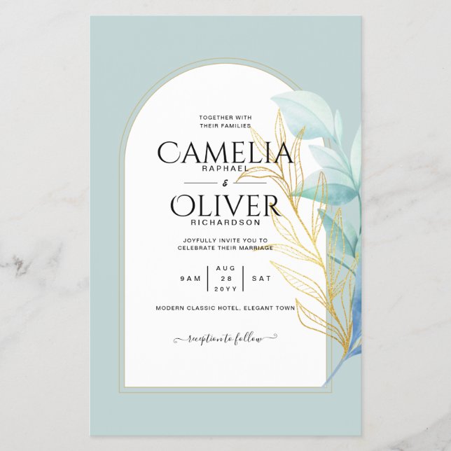 BUDGETEN Allt-i-1-sjöglaset Guld Löv Sage Bröllop Flygblad (Framsidan)