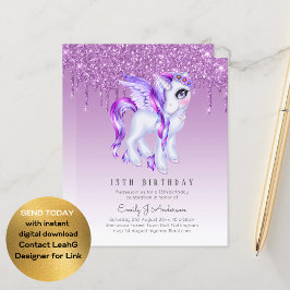 BUDGETEN Barns födelsedag Inbjudan Lila Unicorn