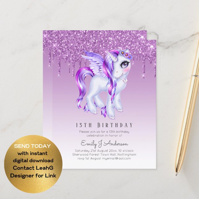 BUDGETEN Barns födelsedag Inbjudan Lila Unicorn (Skapare uppladdad)
